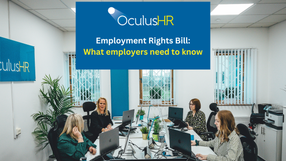 Image of Oculus team working in office. Banner over image reads: Employment Rights Bill: what employers need to know